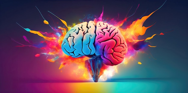 Un cerebro que explota con ideas y colores sobre fondo oscuro