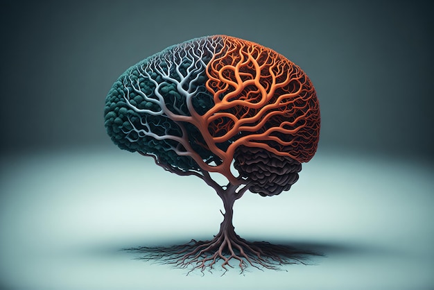 Un cerebro con raíces se muestra sobre un fondo gris que da forma al concepto de salud mental del árbol