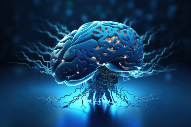 Cérebro robótico conectado a circuitos conceito de inteligência artificial luz de néon azul IA geradora
