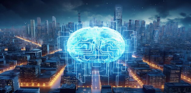 Cerebro robótico gigante en medio de la ciudad concepto de inteligencia artificial IA generativa