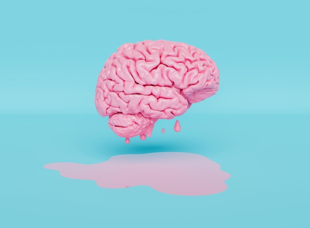 Cerebro rosa flotante que se derrite sobre fondo azul pastel y carbón. Representación 3d