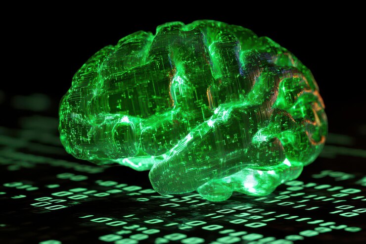 Foto un cerebro verde brillante se sienta sobre un fondo digital que simboliza la tecnología y la inteligencia