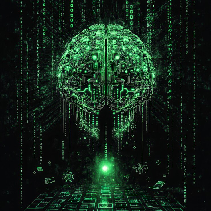 Foto un cerebro verde con códigos binarios y símbolos
