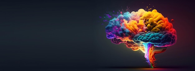 Foto cerebro virtual con explosión brillante aislado en banner negro concepto de lluvia de ideas lugar para texto
