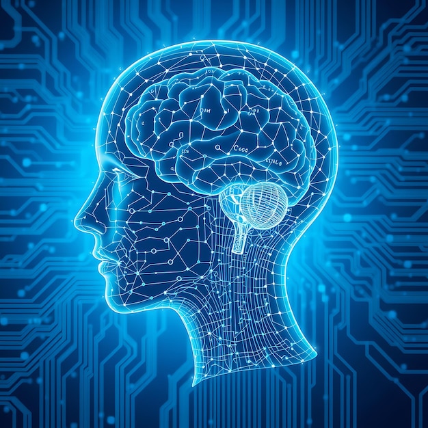 El cerebro visible rodeado de código y patrones de placas de circuitos en tonos que representan la inteligencia artificial