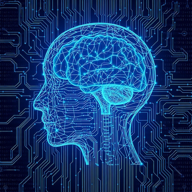 El cerebro visible rodeado de código y patrones de placas de circuitos en tonos que representan la inteligencia artificial