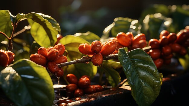 Cereja de café fresca no ramo Árvore de café em luz quente Generatine AI