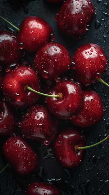 Cereja em uma tigela com gotas de água