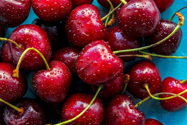 Cereja vermelha doce madura com gotas de água sobre um fundo azul. Comida saudável