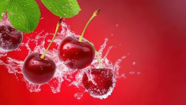 Foto cerejas em respingos de água em um fundo vermelho generativo ai