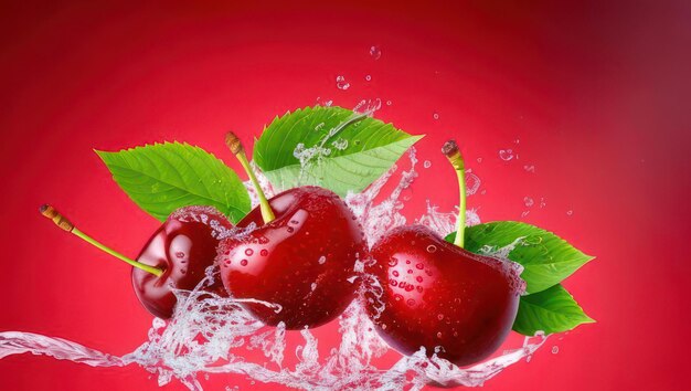 Cerejas em respingos de água em um fundo vermelho generativo ai