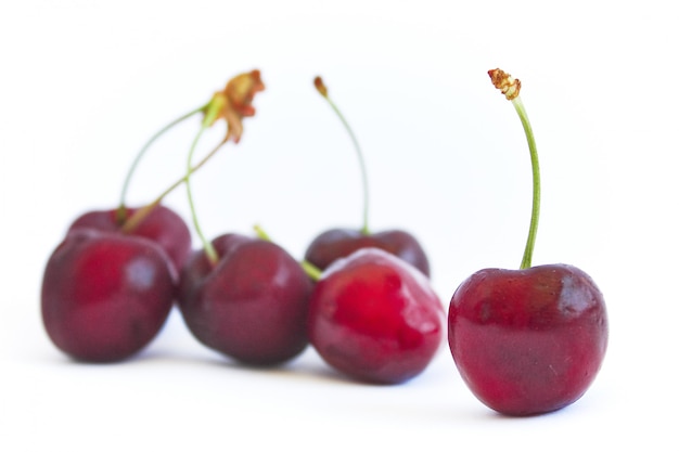 Cerejas frescas em uma fileira em um fundo branco