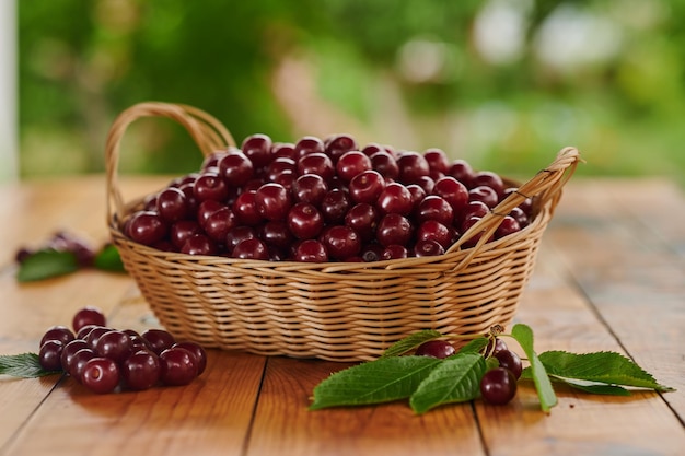 Cerejas maduras em uma cesta de vime