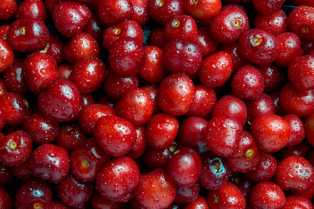 Cerejas recém colhidas com gotas de orvalho e água. o conceito de colheita.