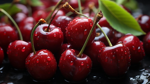 cerejas vermelhas maduras com gotas de água