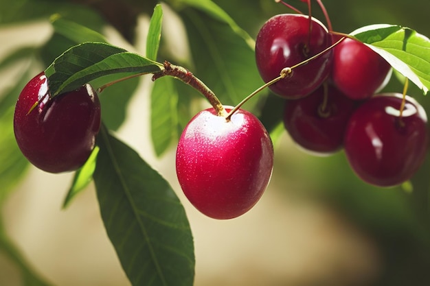 Foto cerejas vermelhas maduras penduradas em uma árvore no jardim generativo ai