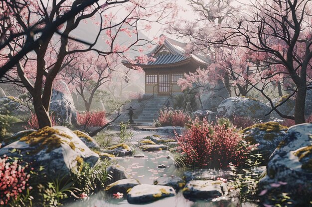 Cerejeiras em flor em uma guarda japonesa de sonho