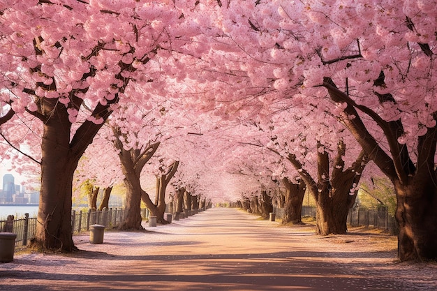 Cerejeiras em plena floração em uma avenida arborizada