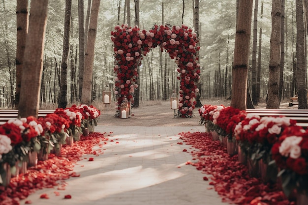 Ceremonia de boda al aire libre con flores rojas