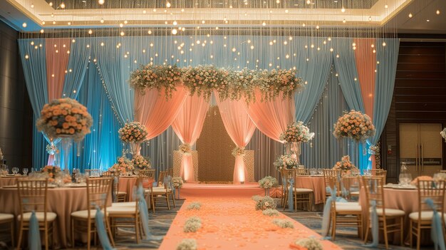 ceremonia de boda arafed con decoración rosa y azul y flores generativo ai