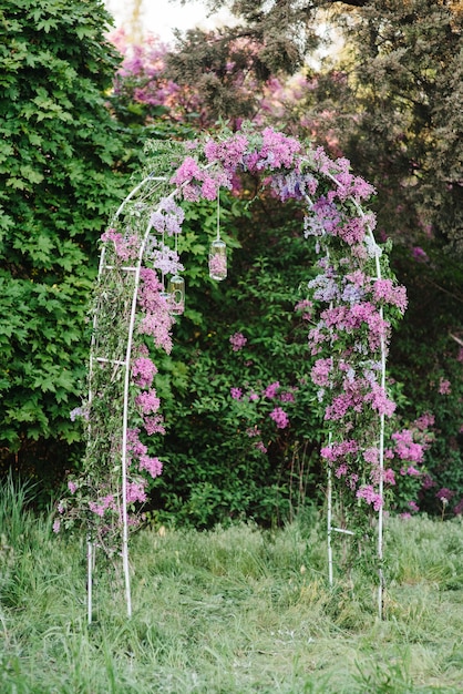 Ceremonia de boda en el bosque entre los árboles sobre la hierba verde