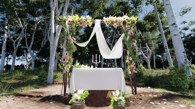 Ceremonia de boda en el bosque render 3d