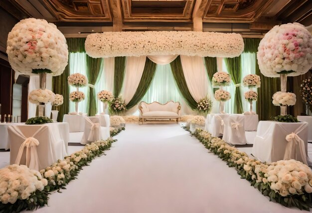 Foto una ceremonia de boda con una cama y un arreglo de flores en el suelo