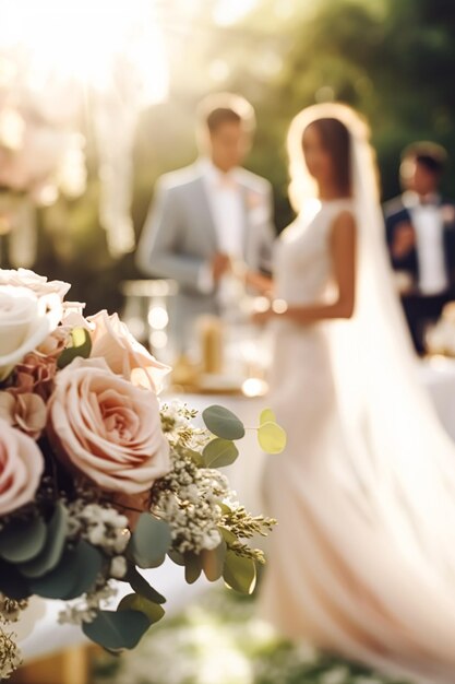 Ceremonia de boda y celebración de la novia y el novio en un hermoso lugar al aire libre en un día soleado decoración de boda de lujo con flores y ramo de novia ai generativo posprocesado