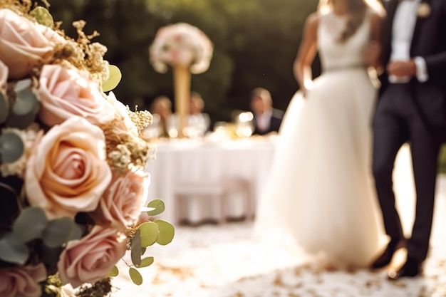 Ceremonia de boda y celebración de la novia y el novio en un hermoso lugar al aire libre en un día soleado decoración de bodas de lujo con flores y ramo de novia ai generativo