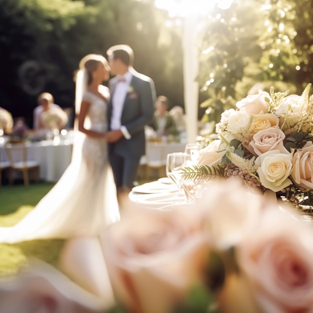 Ceremonia de boda y celebración de la novia y el novio en un hermoso lugar al aire libre en un día soleado decoración de bodas de lujo con flores y ramo de novia ai generativo