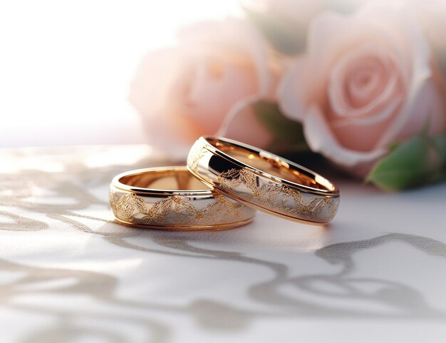 Ceremonia de boda Dos anillos de boda dorados sobre una bandeja de rosas accesorios para la IA generativa