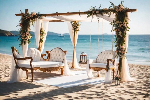 Foto una ceremonia de boda con una escena de playa y sillas