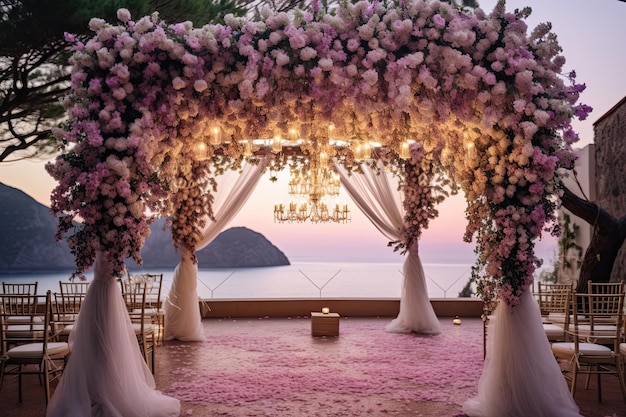 Ceremonia de boda con flores afuera en la playa con luces colgantes