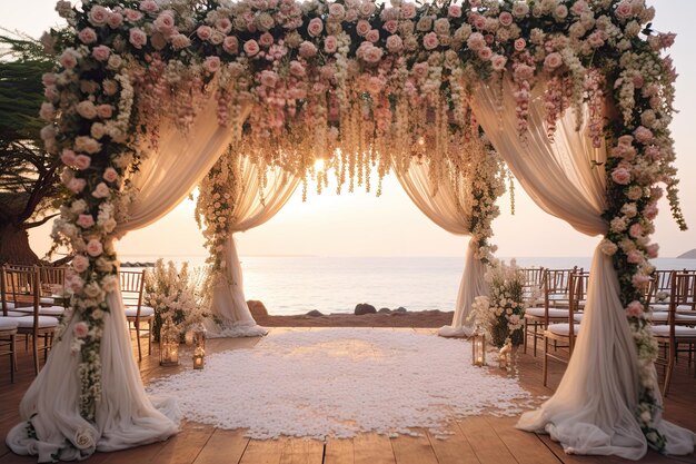 Ceremonia de boda con flores afuera en la playa con luces colgantes