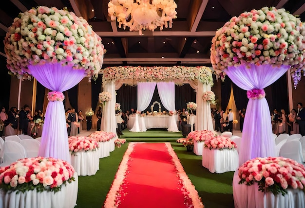 Foto una ceremonia de boda con flores y un candelabro colgando del techo