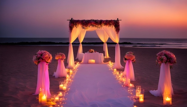 una ceremonia de boda con flores en la mesa y una vela en el medio