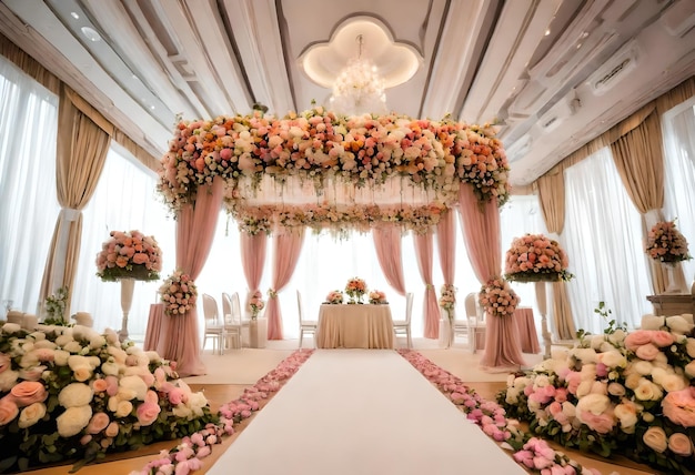 una ceremonia de boda con flores en la parte superior