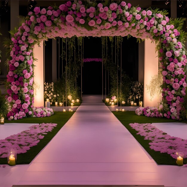 Una ceremonia de boda con flores rosas y velas