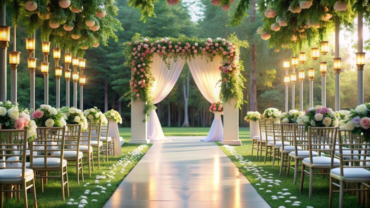 una ceremonia de boda con flores y vegetación