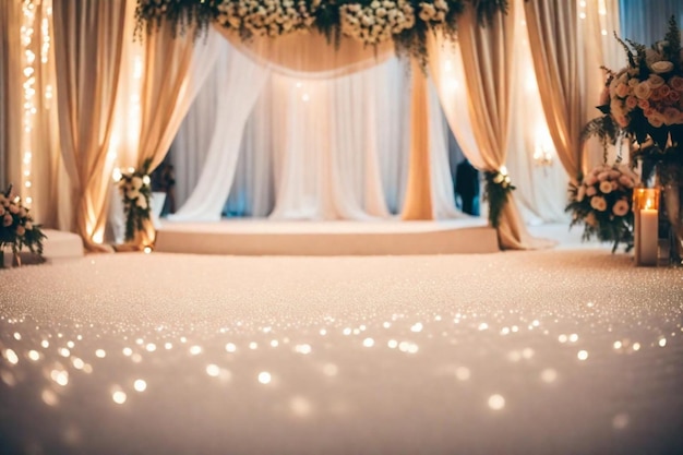 una ceremonia de boda con una guirnalda de flores en el suelo