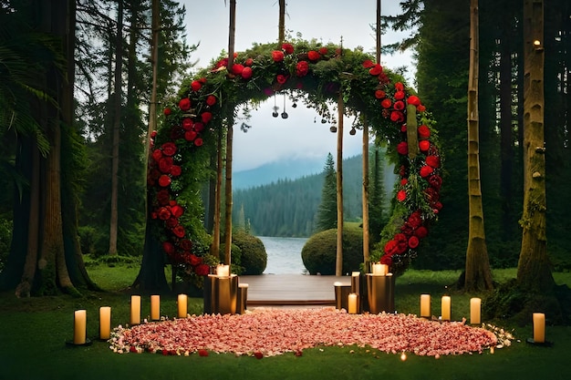 Una ceremonia de boda con un hermoso arco y velas.