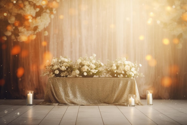 Una ceremonia de boda con una mesa y flores.