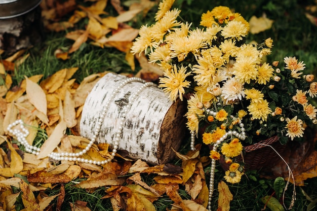 Ceremonia de boda de otoño en la calle sobre el césped verde. Decoración con arcos de flores frescas para la ceremonia.