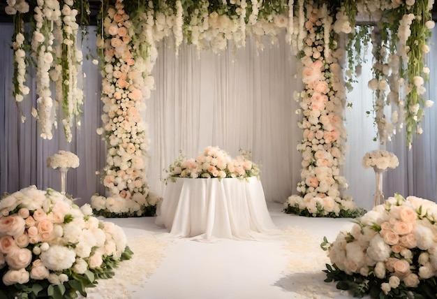 Foto una ceremonia de boda con un paño de mesa y flores