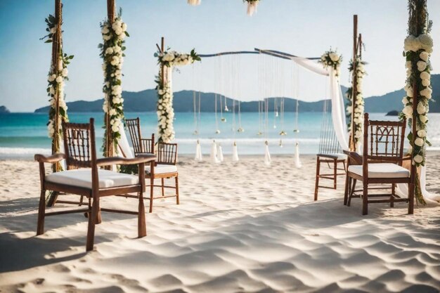 una ceremonia de boda en una playa con un dosel blanco