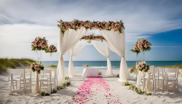 una ceremonia de boda en una playa con flores en la mesa y sillas