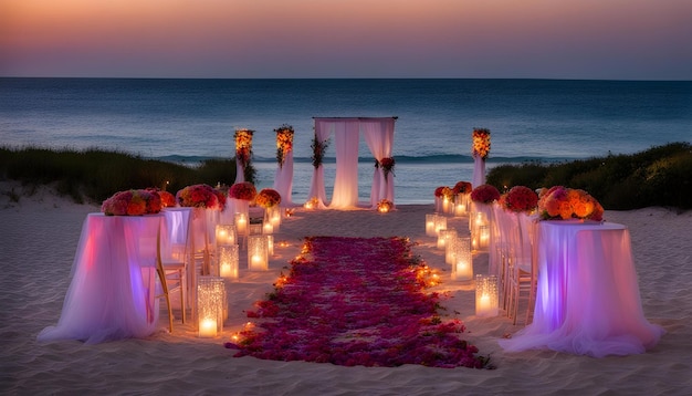 una ceremonia de boda en una playa con flores y velas