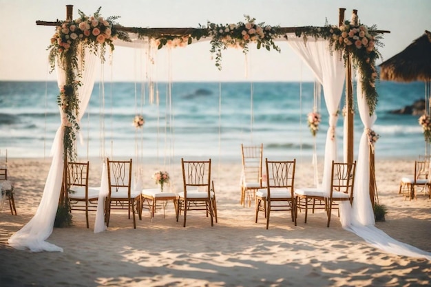 ceremonia de boda en la playa con sillas y flores