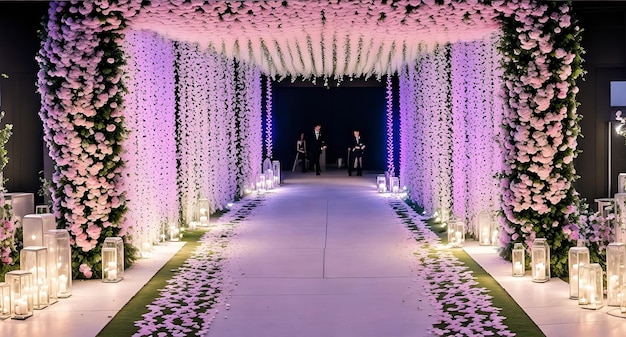 Una ceremonia de boda púrpura y blanca con flores y velas