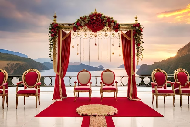 Una ceremonia de boda roja y dorada con sillas rojas y una alfombra roja con vista a la montaña.